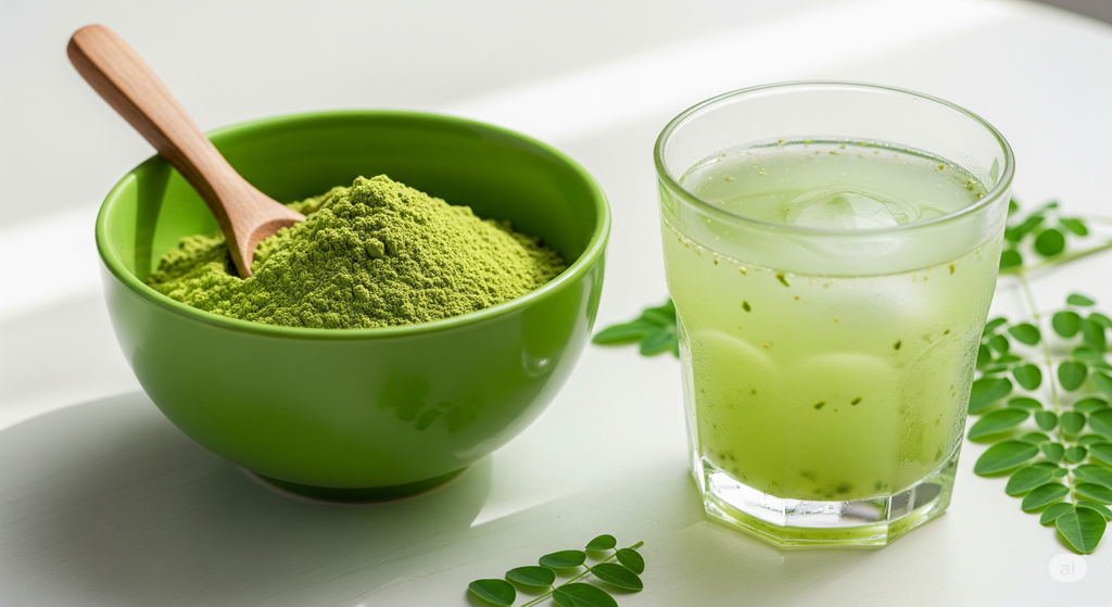 A bowl of green Moringa powder
